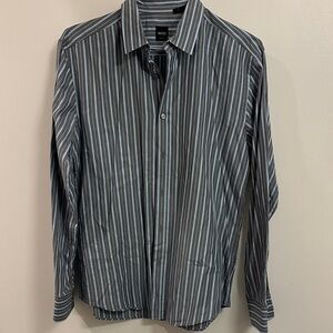 Boss Men's Gray Striped Button Down Shirt
